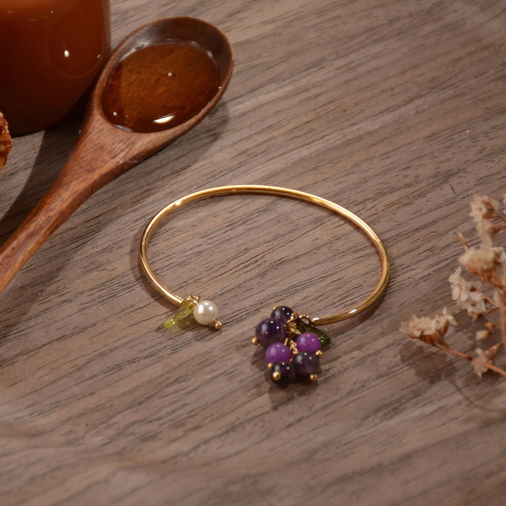 Crystal Amethyst Necklace and Bracelet for Cottagecore Lover, Amethyst Cluster Adjustable Pendant Necklace, Grapes Bead Charm Bracelet. - Baby's Breath Alley