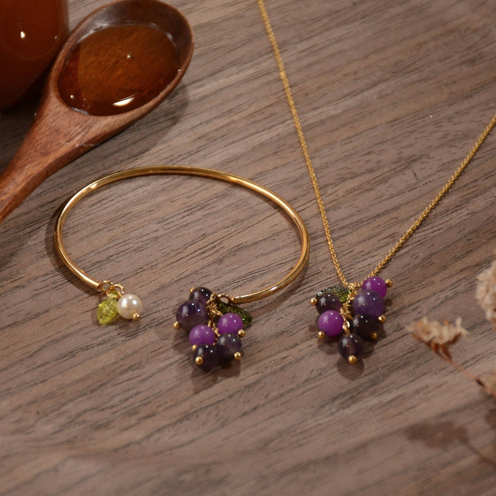 Crystal Amethyst Necklace and Bracelet for Cottagecore Lover, Amethyst Cluster Adjustable Pendant Necklace, Grapes Bead Charm Bracelet. - Baby's Breath Alley