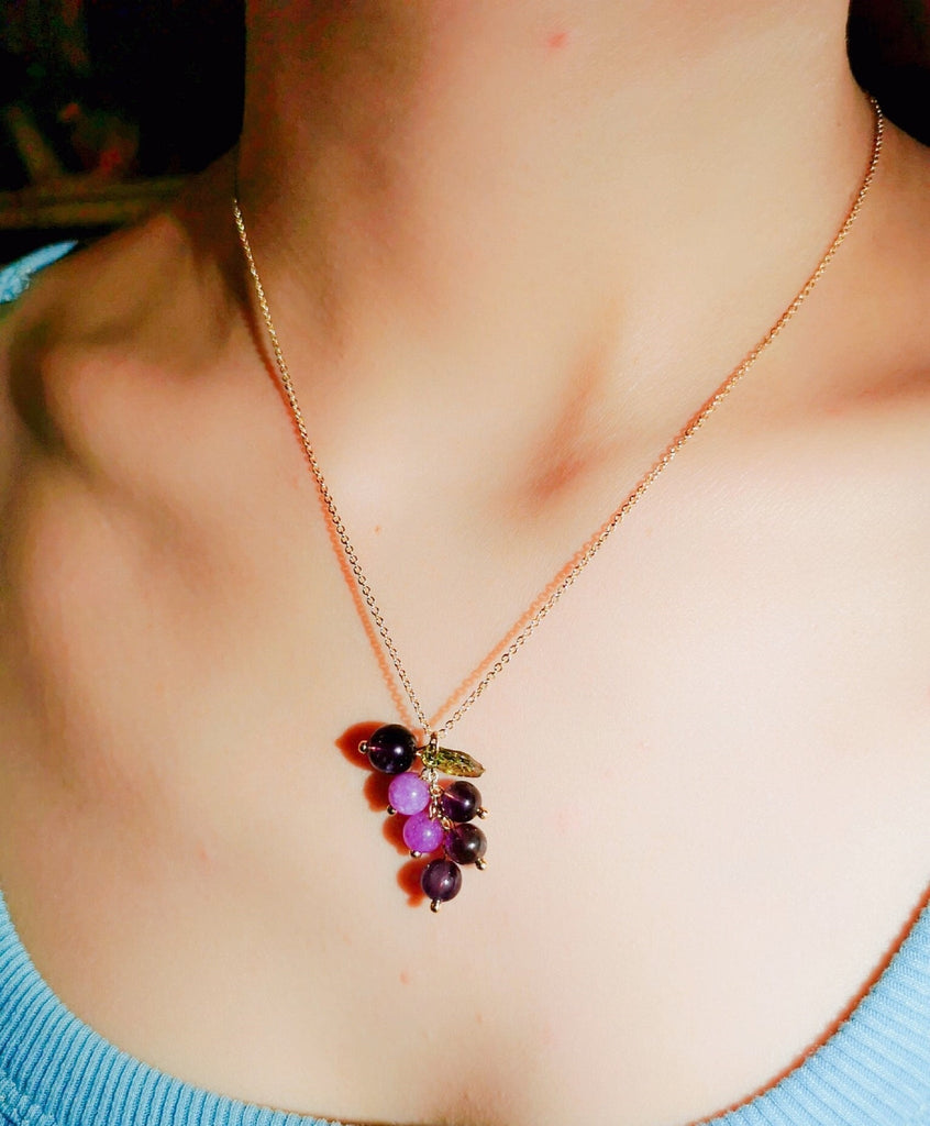 Crystal Amethyst Necklace and Bracelet for Cottagecore Lover, Amethyst Cluster Adjustable Pendant Necklace, Grapes Bead Charm Bracelet. - Baby's Breath Alley