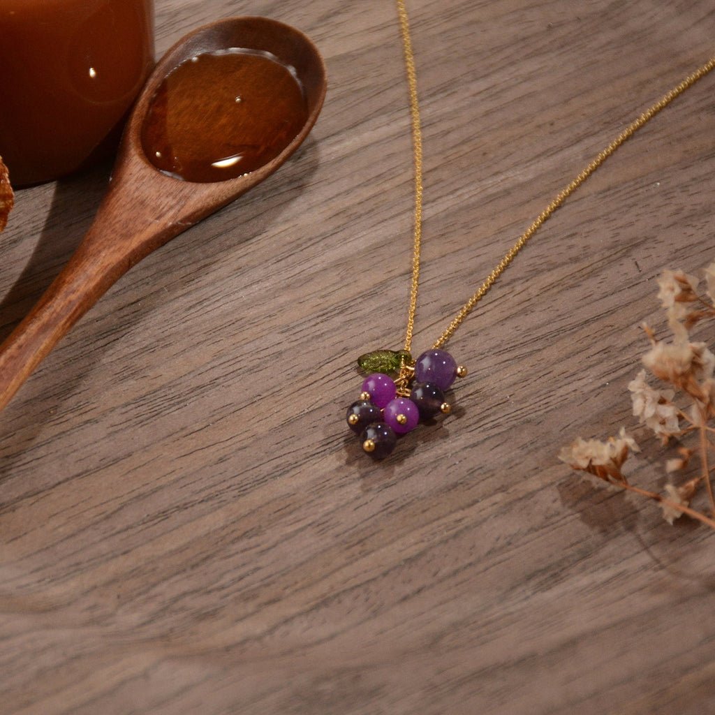 Crystal Amethyst Necklace and Bracelet for Cottagecore Lover, Amethyst Cluster Adjustable Pendant Necklace, Grapes Bead Charm Bracelet. - Baby's Breath Alley
