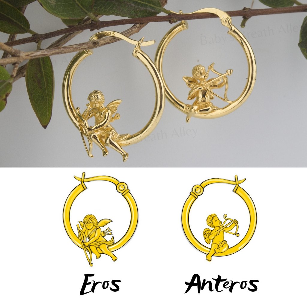 Cupids Mismatch Hoop Earrings - Greek Mythical Characters: Eros and Anteros. - Baby's Breath Alley