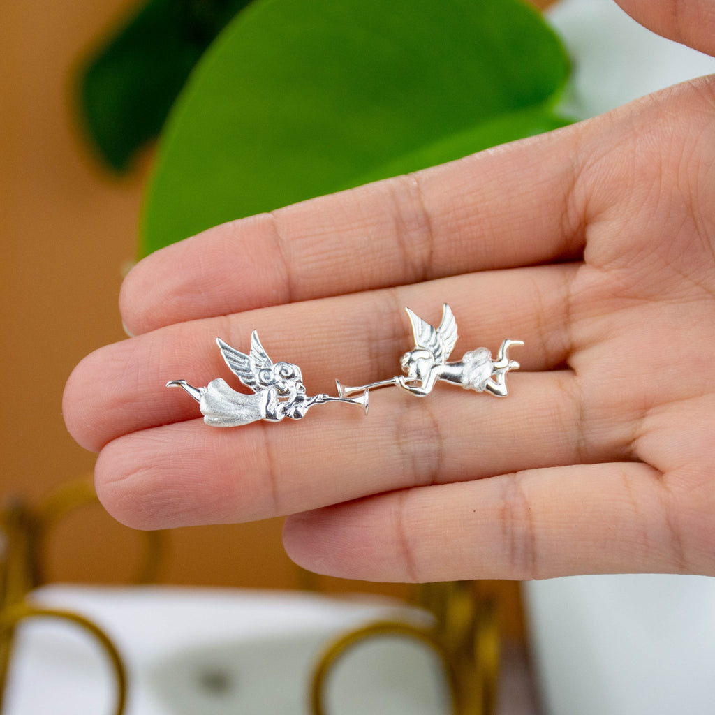 Trumpet Angel Stud and Wing Cuff Mismatched Earring Set - Baby's Breath Alley